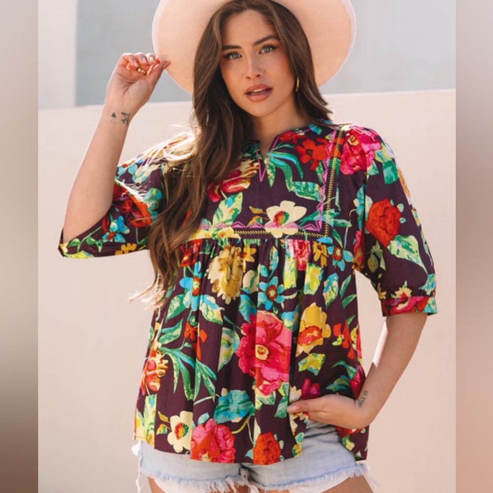 Boutique Purple Floral Embroidered Multicolor Women's Puff Sleeve Top XL